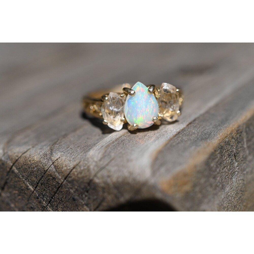 Raw crystal ring, Raw Diamond Engagement Ring, Opal Wedding Ring, Rough Gemstone